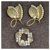 3 Vintage Gold Tone Rhinestone Leaf Brooch Pins
