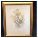 Vintage Signed & Framed Watercolor Yellow Flowers