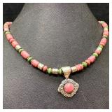 Sterling Pink & Green Stone Bead Necklace