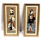 Pair of Japanese Geisha Painted on Silk & Framed
