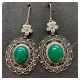 .800 Silver Ornate Green Cabochon Earrings