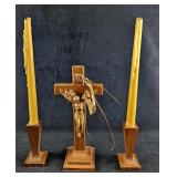 Vintage Wooden Candle Holders & Crucifix & Candle