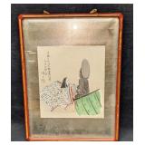 Vintage Framed Japanese Watercolor Lady With Buddh