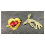 Two Vintage Signed J.J Brooches Heart and Bird