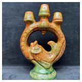 Art Pottery Figural Fish Three Neck Candlestick Ho