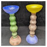 Two Colorful Frosted 14' Glass Candlestick Holders