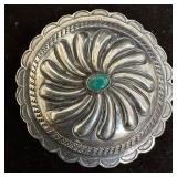 Green Turquoise Center Concho Silver Brooch