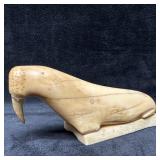 Carved Walrus Figure On Base Signed BKE Broken Inu