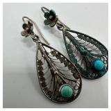 Turquoise Accent Floral Silver 800 Dangle Earrings