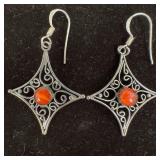 Red Coral Sterling Filigree Design Dangle Earrings