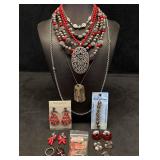 14pc Red and Silver Toned Cinnabar and Steel Costu