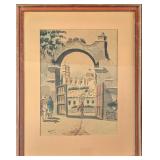 Vintage Framed Watercolor Walking To Temple