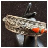 Coral Intricate Ornate Silverwork Cuff Bangle Silv