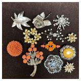 Vintage Coral Style Floral And Rhinestone Brooch P
