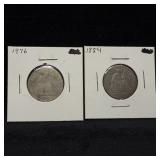 1854 and 1876 US Silver Quarter Seated Liberty