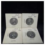 4 US Washington Silver Quarters 1949