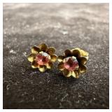 Pink Stone Floral Flower Stud 14K Gold Earrings