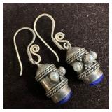 Unmarked Tibetan Style Dangle Silver Earrings Pear