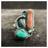 Navajo Native Style Turquoise and Red Coral Silver