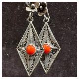 Carnelian Floral Motif 800 Silver Dangle Earrings