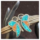 Turquoise and Red Coral Silver Unmarked Artisan Si
