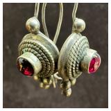 SU 925 Sterling Silver Red Stone Dangle Earrings