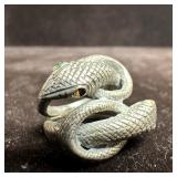 Twin Coiled Snake Green Rhinestone Silver Ring Siz