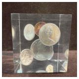 Vintage 1970 Canadian Coins In Lucite Cube Paperwe