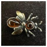 Bee Amber Silver Brooch Pin Sterling 925