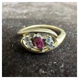 Ruby and Four Moissanite Diamond 14K Gold Ring
