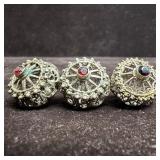 Three Ornate Filigree Red Garnet Stone Silver Char