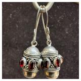 Red Garnet Faux Pearl Accent Silver Dangle Earring