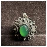 Etruscan Revival Style Silver Accent Fob Green Ova