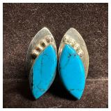 Blue Turquoise Modernist Style Silver Clip On Earr