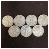 Set of Seven Silver Coins 1940s Walking Liberty Ha