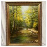 L. Pollini Signed Forest Stream Landscape Oil Pain