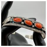LJ Navajo Native Hallmark Three Red Coral Silver B