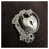 Sterling Silver Heart Padlock Turn Key Necklace Vi