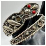 ALP Italy Silver Tone Cuff Bracelet Red Cabochons
