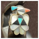 Zuni Native Style MOP Coral Turquoise Onyx Inlay T