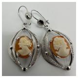 Intricate Hand Carved Shell Cameo Silver Earrings