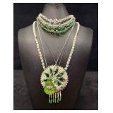 5pc Green and White Native Flower Necklace Lot