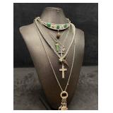 7pc Silver and Green Garden of Eden Themed Necklac