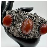 Filigree Panel Bracelet with Faux Red Cabochon Ova
