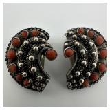 Red Coral Cabochon 800 Silver Ornate Scalloped Sty