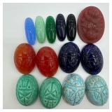 Carved Scarab Style Stone and Glass Cabochon Lot o