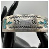 Turquoise and Coral Chip Inlay Bird Motif Silver C