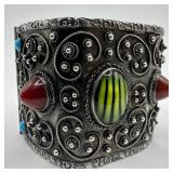 Silver Filigree Cuff Bracelet Multi-Stone Cabochon