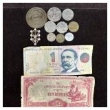 Mixed World Coins and Currency Lot with Tokens and