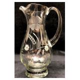 Vintage MCM Etched Glass Pitcher - Wheat & Floral